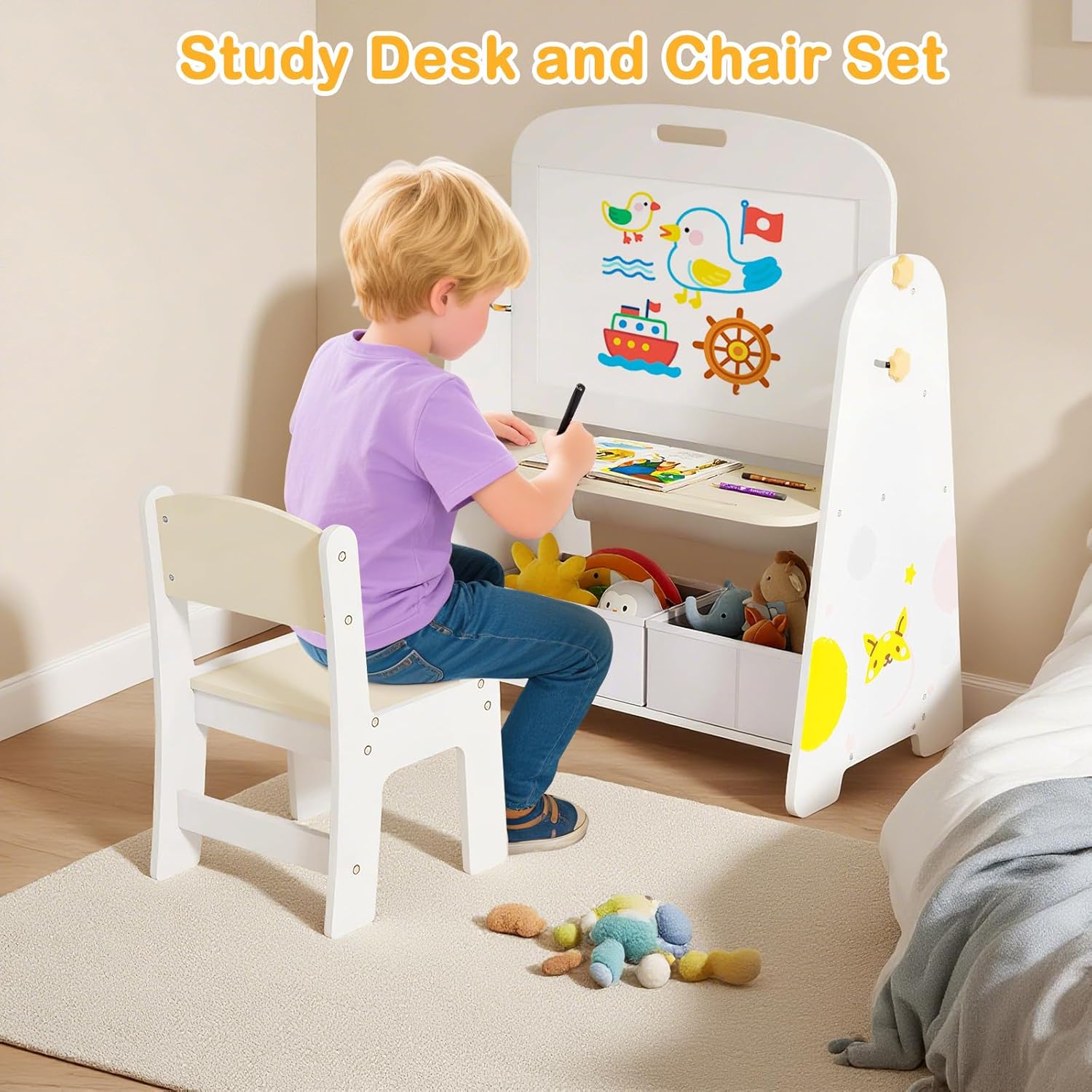 OLAKIDS Easel for Kids with Stool, 4-in-1 Double-Sided Adjustable Magnetic Chalkboard with Paper Roll, Bookshelves, Wheels, Wooden Standing Painting Drawing Art Board for Boys Girls