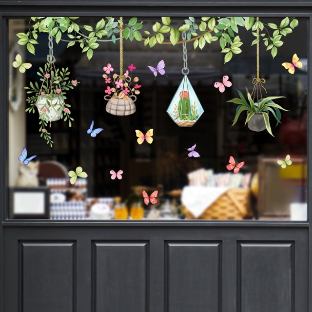 Planta en maceta, ventana, flor, enredaderas colgantes, calcomanías de pared de vidrio, pegatinas, Cactus botánico Tropical, decoración del hogar para sala de estar y dormitorio