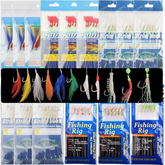 Fishing Bait Rigs Mackerel Rigs, 15 Packs Fishing Rigs with Sharp Hooks Swivels Luminous Soft Shrimp Lure Surf Fishing Rigs Fish Skin Feather Hooks Freshwater Saltwater
