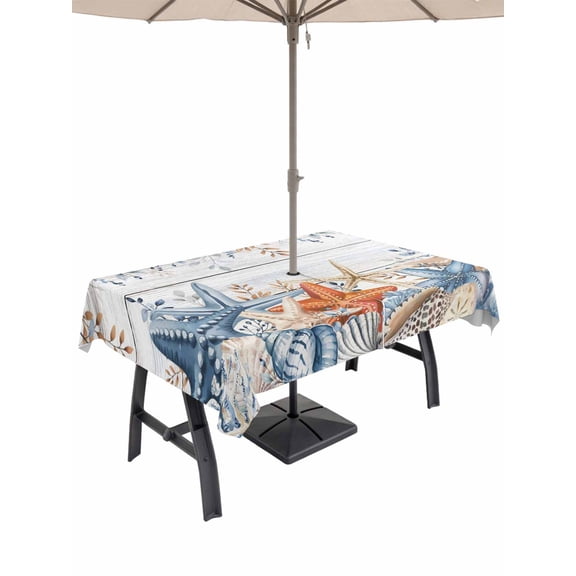 Outdoor Tablecloth with Umbrella Hole for Patio/Picnic/Party/Camping, Blue Coastal Waterproof Table Cloth Rectangle Table Cover Washable, Summer Beach Starfish Weeping Eucalyptus Wooden (60"x 120")