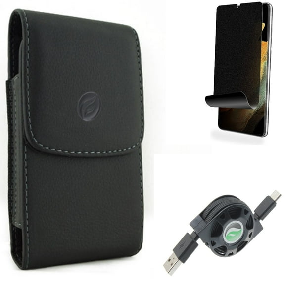 USB Cable & Privacy Screen Protector & Case Belt Clip for Samsung Galaxy S21 Ultra Phone - Retractable Type-C & TPU Film Fingerprint Works & Leather Holster Accessory Bundle