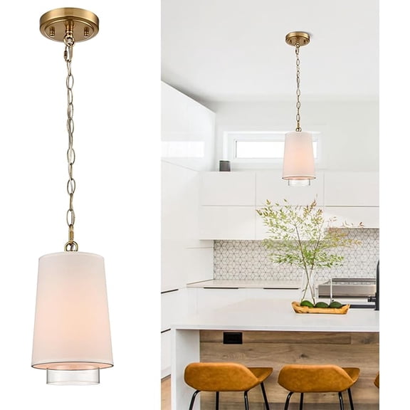 Claxy Gold Pendant Light Dimmable mini Hanging Kitchen Light Adjustable Chain Pendant Light Fixture with Corn Linen and Cylinder Glass Shades for Kitchen Bedroom Entryway Bathroom