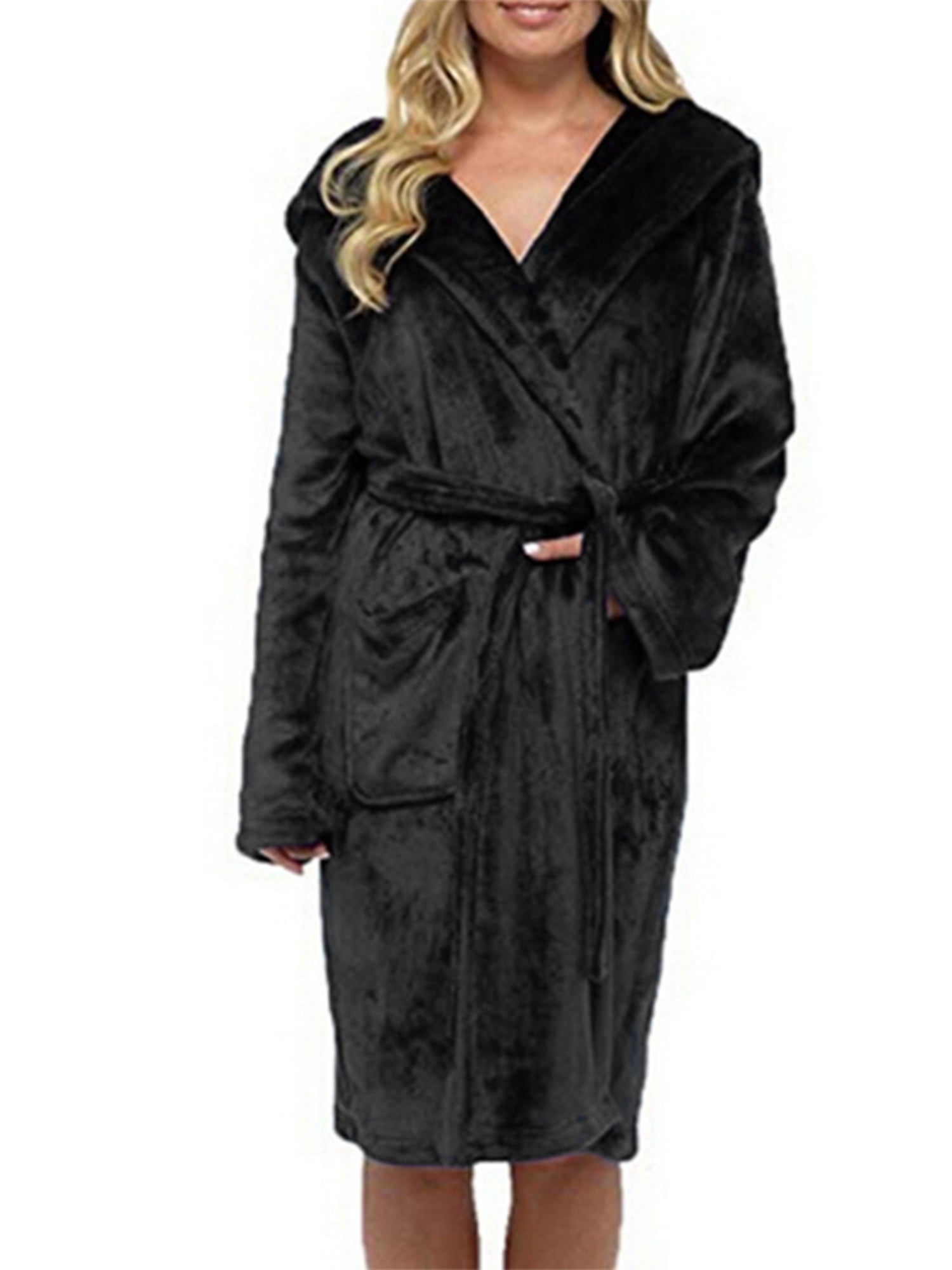 Haite Ladies Fuzzy Plush Bathrobes V Neck Sherpa Robe Hooded Fleece Bathrobe Pajama Sleepwear