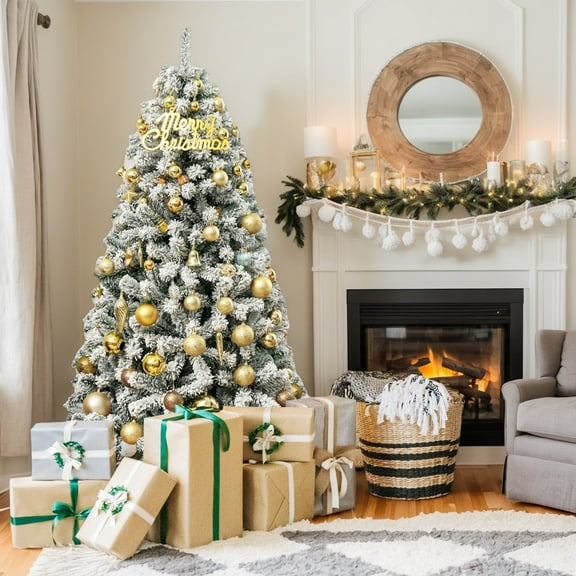 Resenkos Christmas Tree,Home Party Christmas Tree Decorations,6 Feet Artificial Snow Decorated Flocked Hinged Christmas Tree with Metal Stand