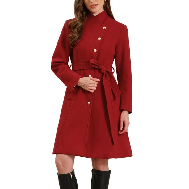 Abrigo Peacoat Chic para Mujeres Invierno con Cuello Alto, Botones, Abrigos Medios Largos con Cinturón XL Rojo