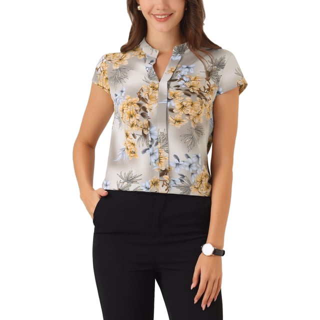 Blusas de trabajo Satin Inspire Chic para mujeres, blusa casual de negocios con mangas de capucha, floral, vintage, talla XL, gris y albaricoque