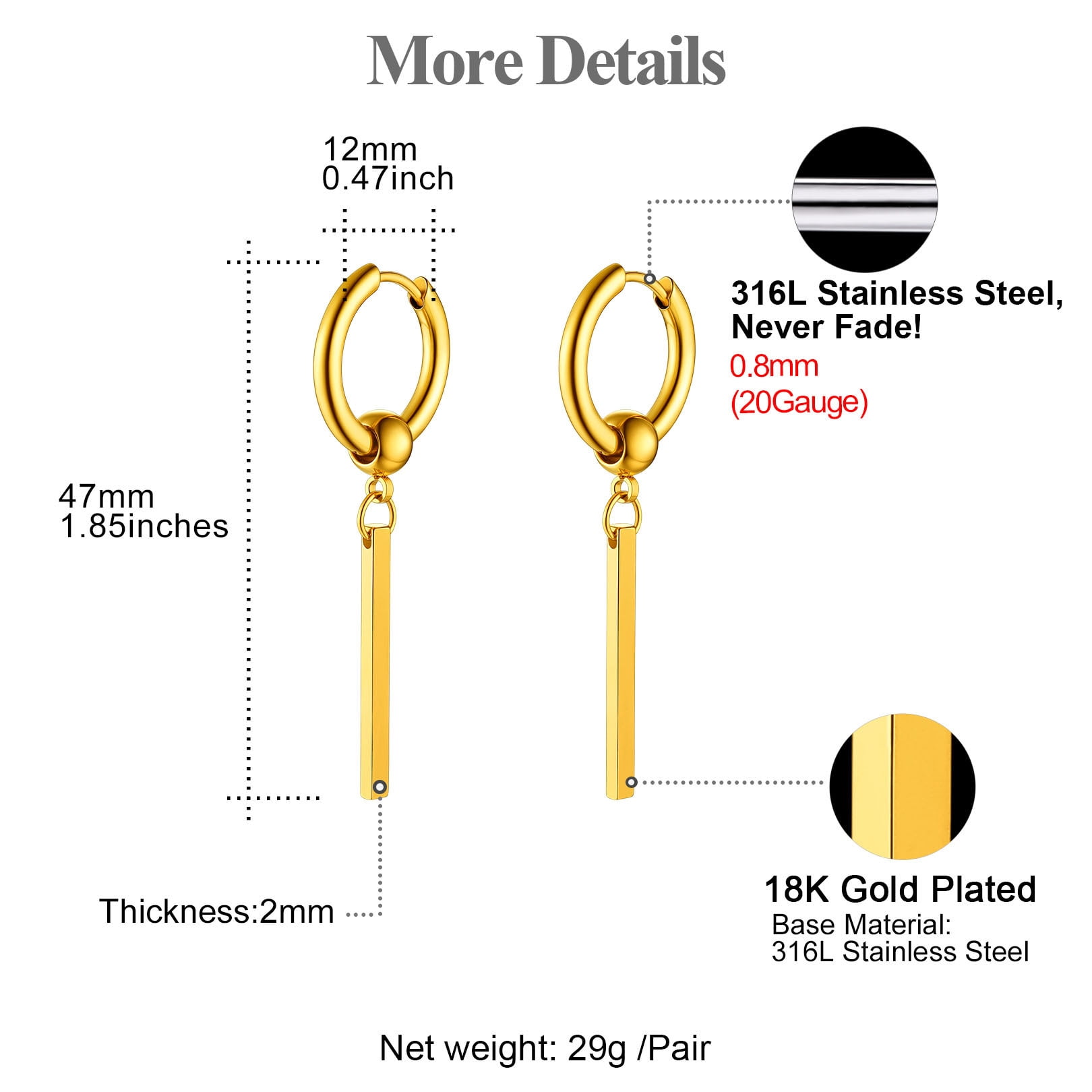 FOCALOOK Hoop Earrings for Women Drop Dangle Vertical Bar Earrings 18K Gold Plated
