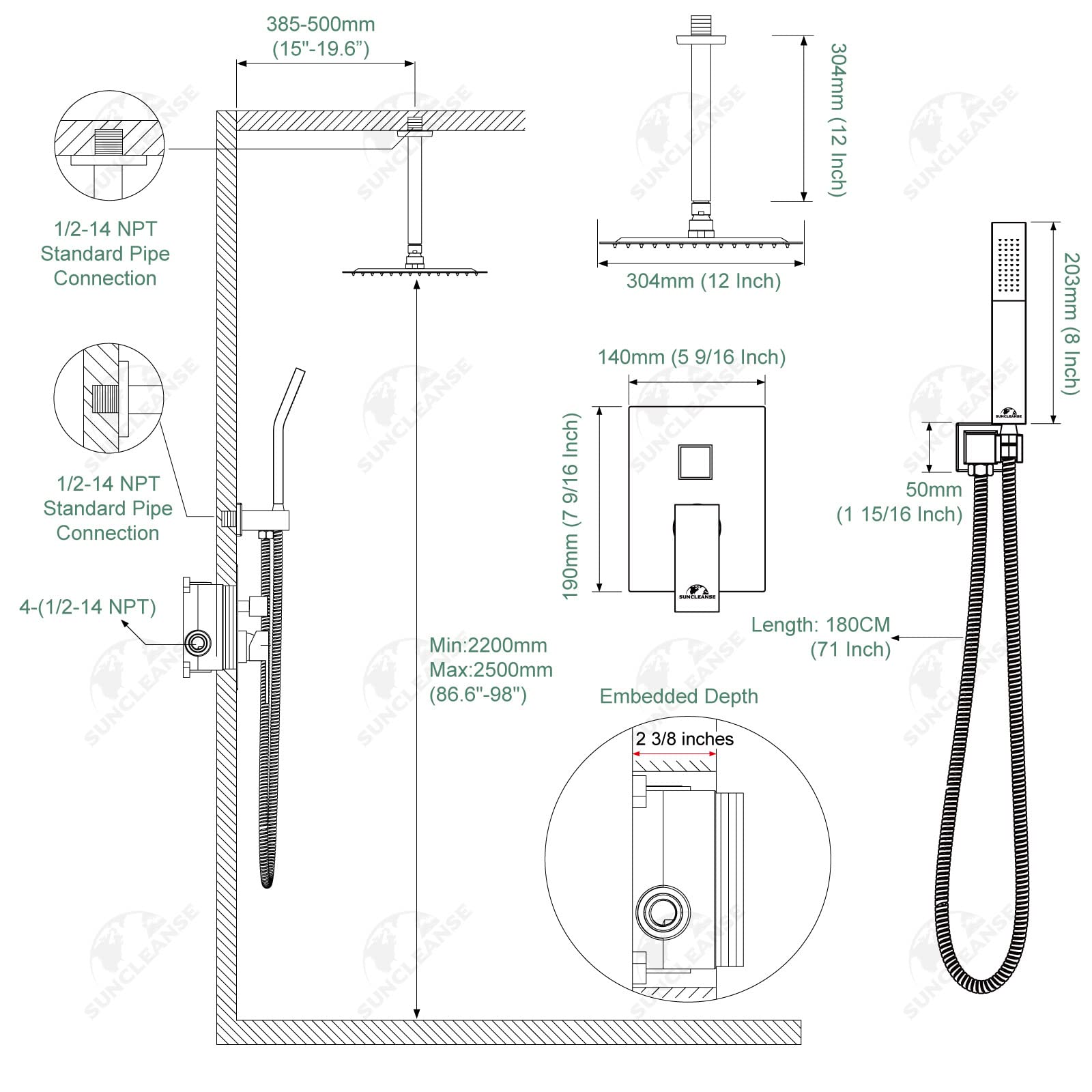 SunCleanse 12 Inches Rainfall Shower System Matte Black Ceiling Mounted Shower System Combo Set with High Pressure Square Rain Shower Head Handheld and Shower Faucet Rough-in Mixer Valve and Trim