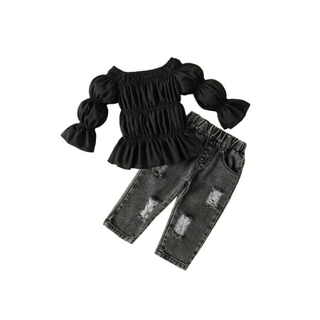 

Suanret 2Pcs Kids Toddler Girls Summer Outfits Off Shoulder Long Sleeve Tops + Ripped Jeans Clothes Sets Black 2-3 Years
