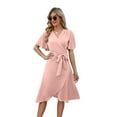 thumbnail image 3 of Women'S Wrap Dress V Neck Short Sleeve Waist Tie Ruffle Split Midi Casual Dress pink S, 3 of 9
