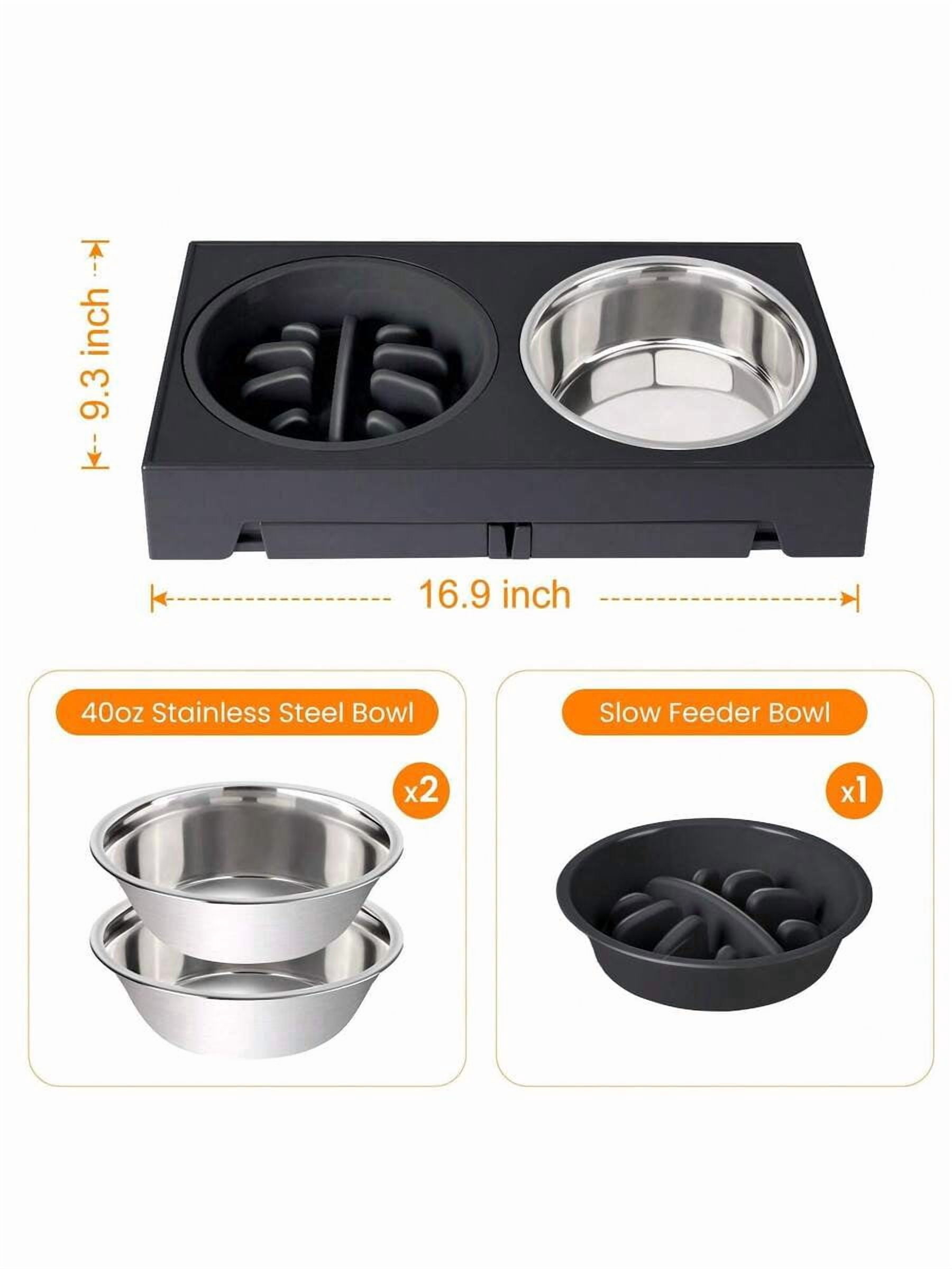 5-Height Adjustable Raised Dog Bowl Set - Includes 2 Stainless Steel Bowls + 1 Slow Feeder, Anti-Choke & Slow Feeding Design, Suitable For All Dog Breeds & Cats,Easy-Clean Materials