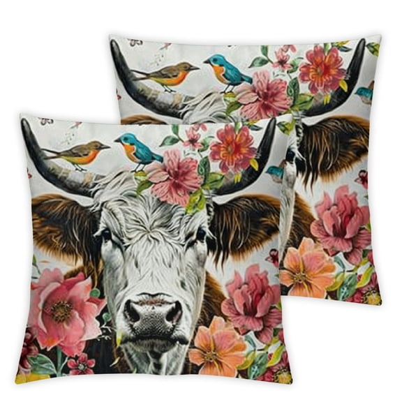 BANET Throw Pillow Covers Set of 2, Bull Cattle Flower Pillow Covers for , Wildlife Farmhouse Cow Decorative Square Pillow Cases, Cushion Cases Bedroom Decor 12x12in