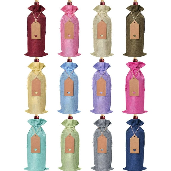 Burlap Wine Bags Wine Gift Bags, 12 Pcs Wine Bottle Bags with Drawstrings, Tags & Ropes, Reusable Wine Bottle Covers for Christmas, Wedding, Birthday, Holiday Party, Housewarming, Storage