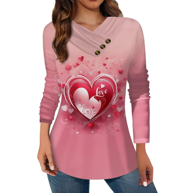 Clearance 2024 Valentine's Day Women's Top Casual Button Collar Long Sleeve  Shirt Print Fashion Matching Shirt T-shirt Gifts for Women