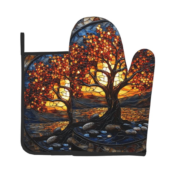 2-Piece Oven Mitts and Pot Holders Set, Kitchen Baking Mitts Hot Pads for Cooking, Microwave, BBQ, Tree Life Stained Glass Art