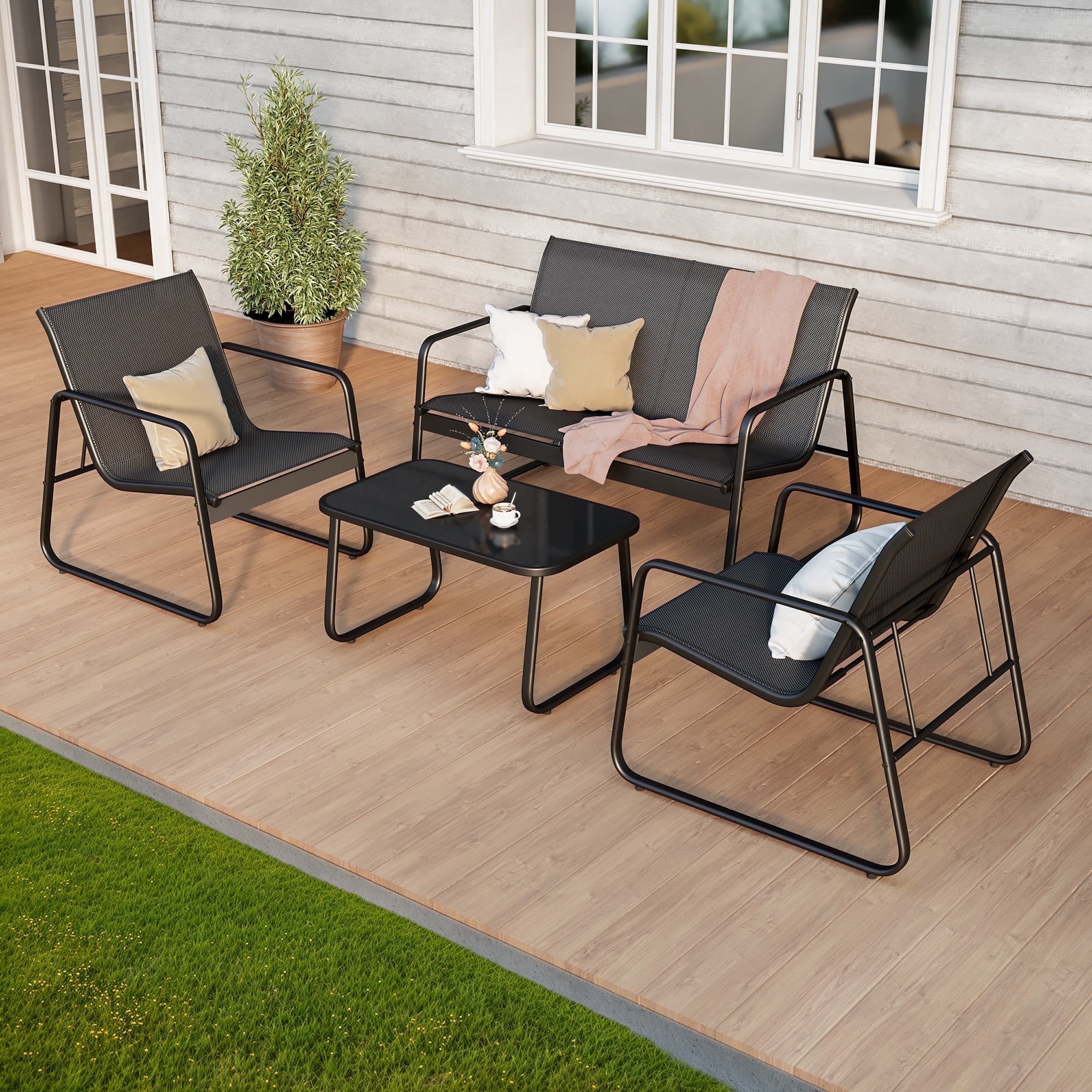 Patio Furniture Set on Sale, Asofer 4-PCS Bistro Set with Coffee Table for Poolside, Porch, Lawn, Black