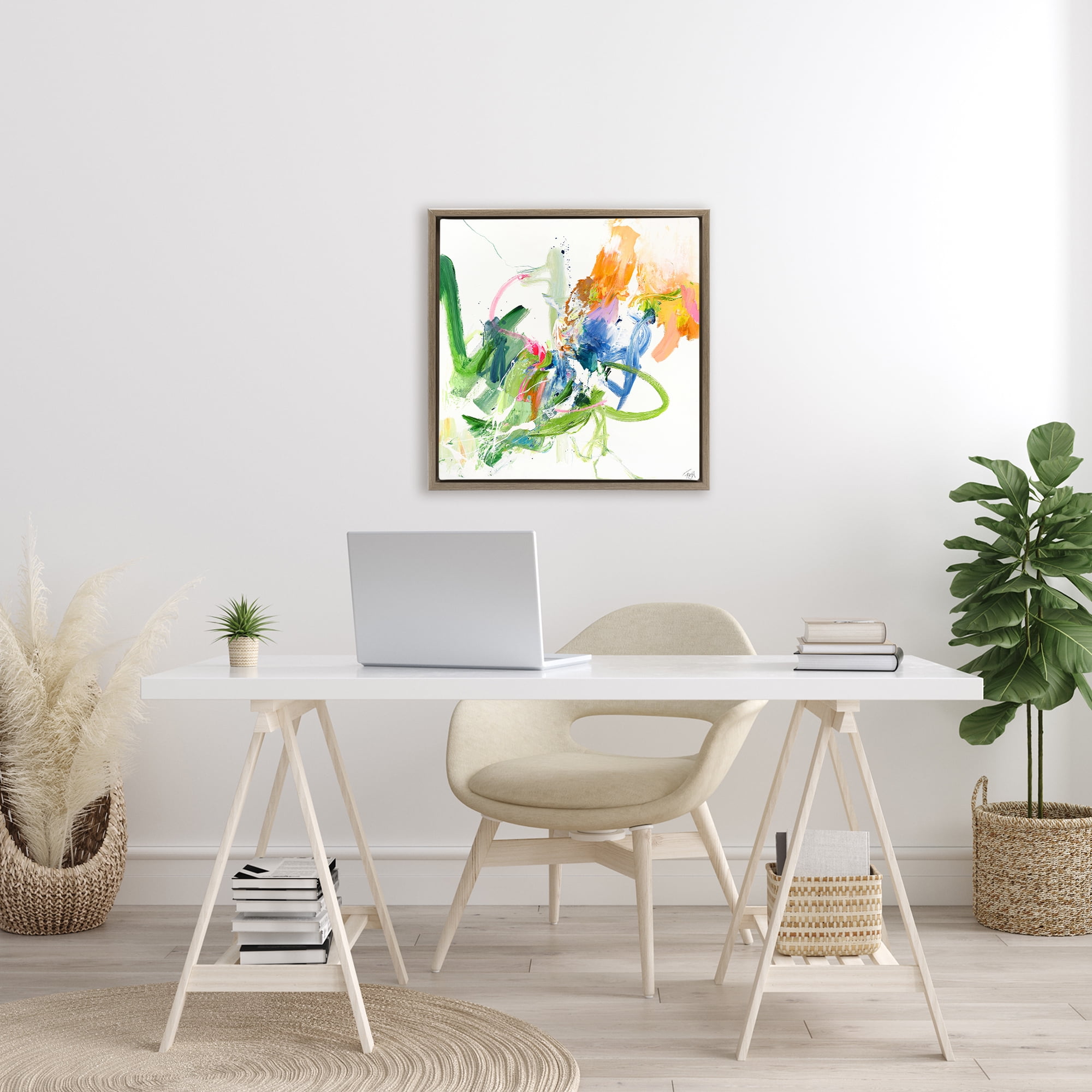 Confident Green Abstraction Brown Framed Floater Canvas Wall Art, design by Design Fabrikken