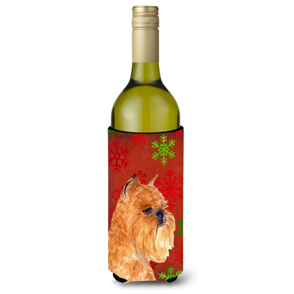 Brussels Griffon Red and Green Snowflakes Holiday Christmas Wine Bottle Hugger