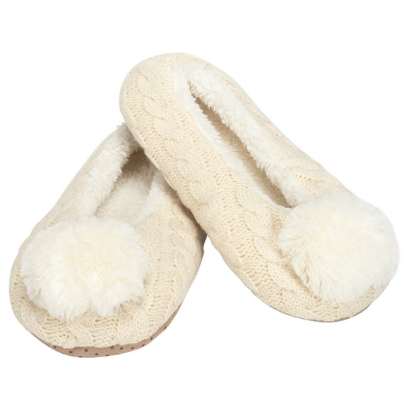 Ballerina Knit Pom Womens Plush Lined Cozy Non Slip Indoor Soft Slipper - Cream Large