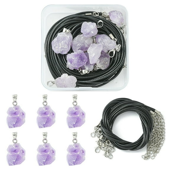 1 Box DIY Necklace Making Kit Including Raw Rough Natural Amethyst Pendants Waxed Cotton Cord Necklace Making 20Pcs/box
