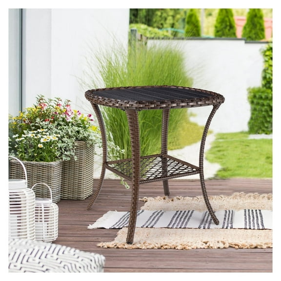 Outdoor Side Table Patio Wicker Coffee Table Outdoor End Table Rattan Bistro Table with Storage & Lumber Table Top Square for Outside Balcony Porch Backyard Deck Brown