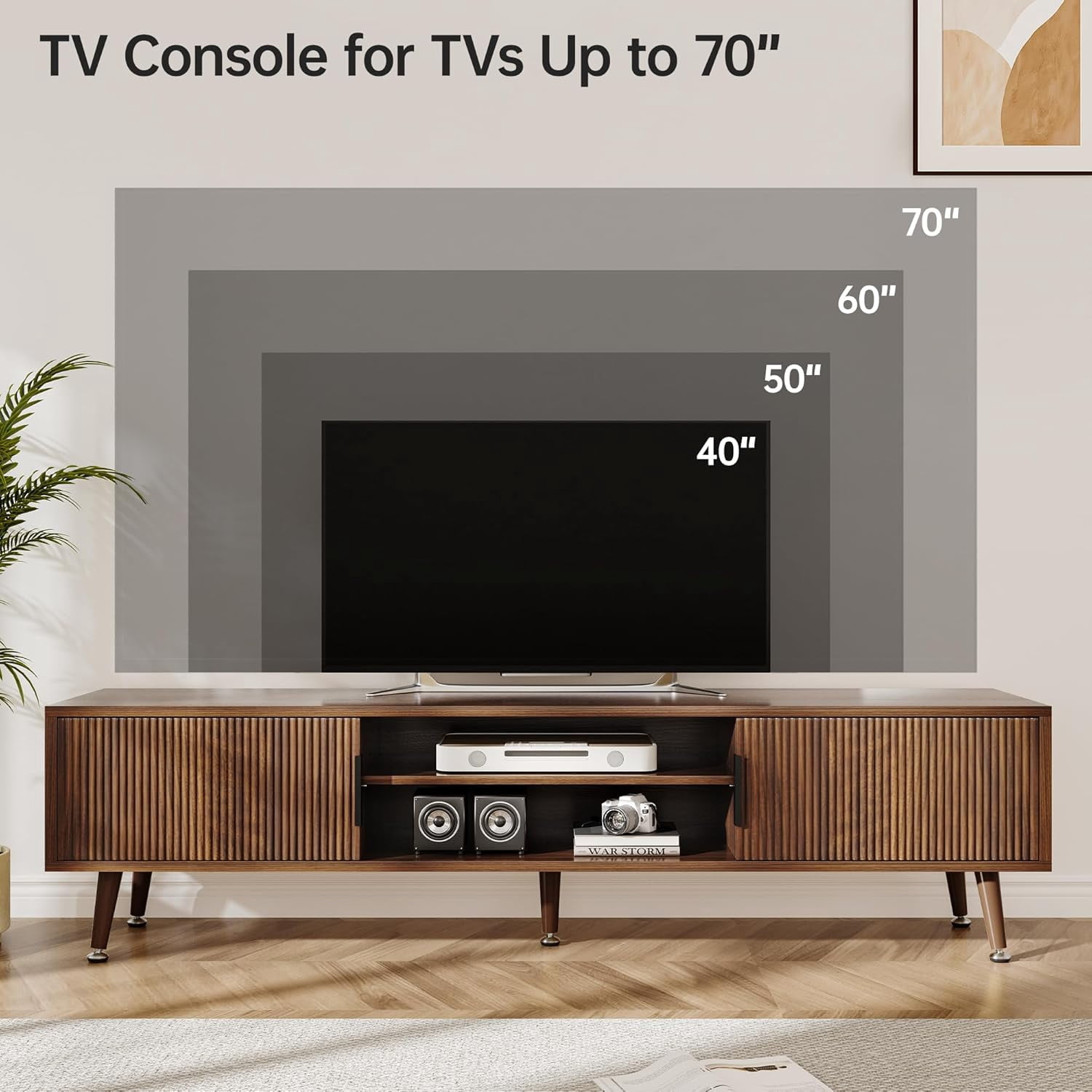 PulseFay Mid Century TV Stand, Modern TV Console for TVs up to 70 Inches, Entertainment Center with Storage, TV and Media Consol, (Walnut)
