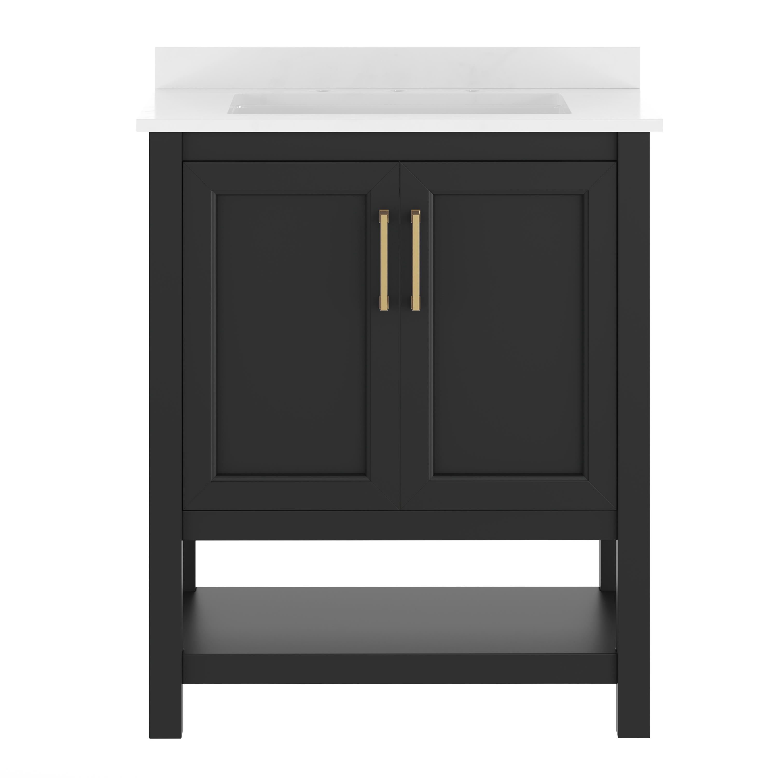 Emma + Oliver 30 Inch Bathroom Vanity, Single Sink Cabinet with 2 Soft Close Doors and Open Shelf, Carrara Marble Finish Countertop, Gold with Gold Hardware