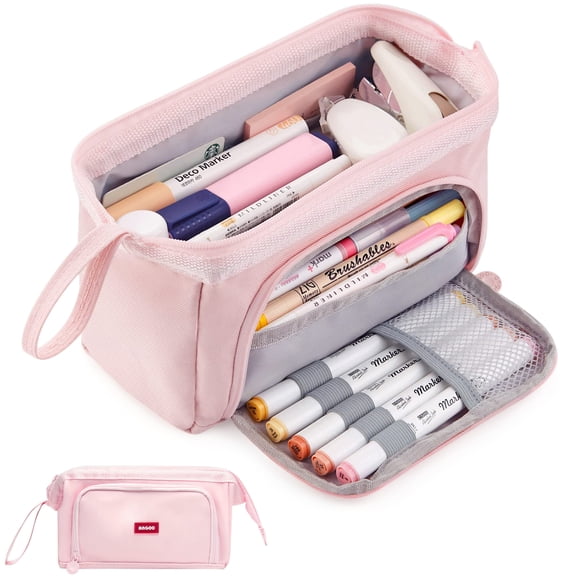 Rirool Large Capacity Pencil Case, Wide Opening Pencil Pouch with Clear Window, Zipper Pen Bag for School Supplies, Teen Girls Boys, Pink