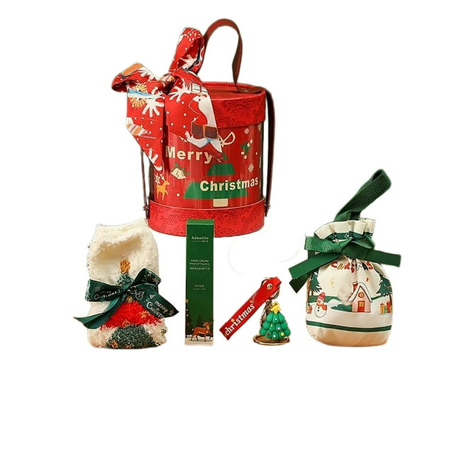 Ensemble-cadeau de Noël pour Femmes et Hommes avec Chaussettes en Polyester Rouges, Crème pour les Mains, Pendentif Clé d'Arbre, Sac de Bonbons et Ruban dans une Boîte Festive (7.08 Po x 6.3 Po x 6.3 Po)