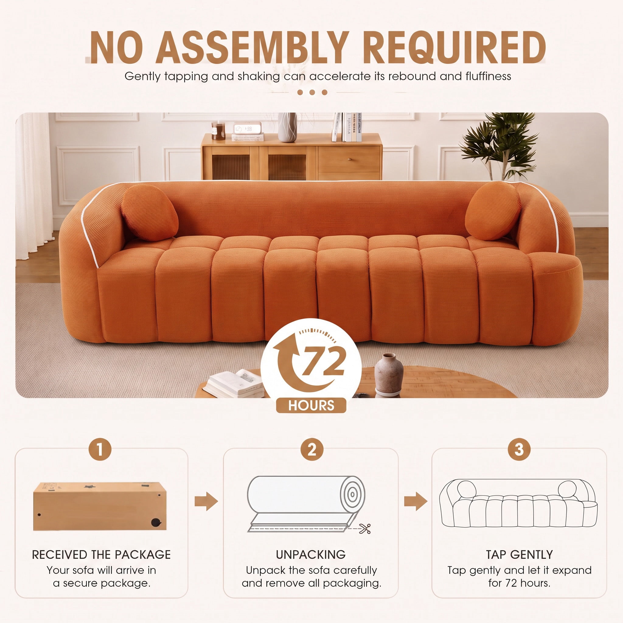 Lunale 98" Curved Bonelessd Sofa, 3-Seater Floor Cloud Couch, No Assembly Required, Modern Corduroy Bubble Sofa for Living Room, Orange