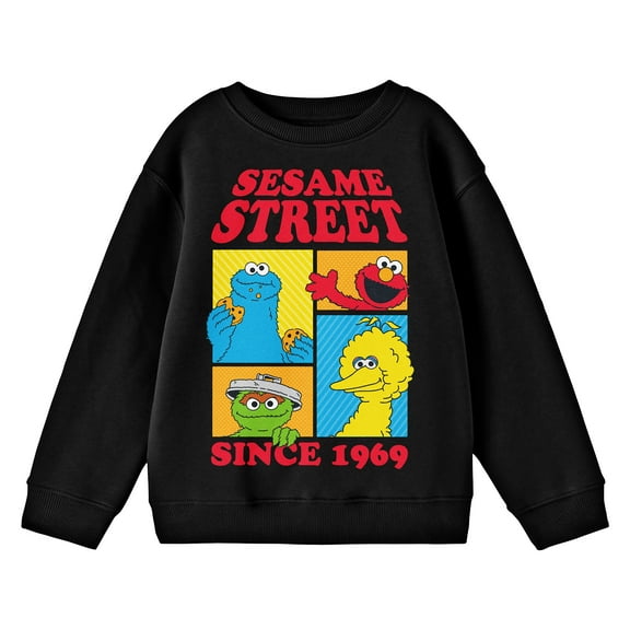 Sesame Street Since 1969 Boxed Character Art Crew Neck Long Sleeve Youth Black Sweatshirt-Medium