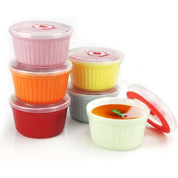 Ramekins with Lids 6 Oz - Set of 6, Ceramic Souffle Creme Brulee Ramekins with Covers, Colorful Custard Cups for Baking, Ceramic Custard Cups Safe and Dishwash Safe