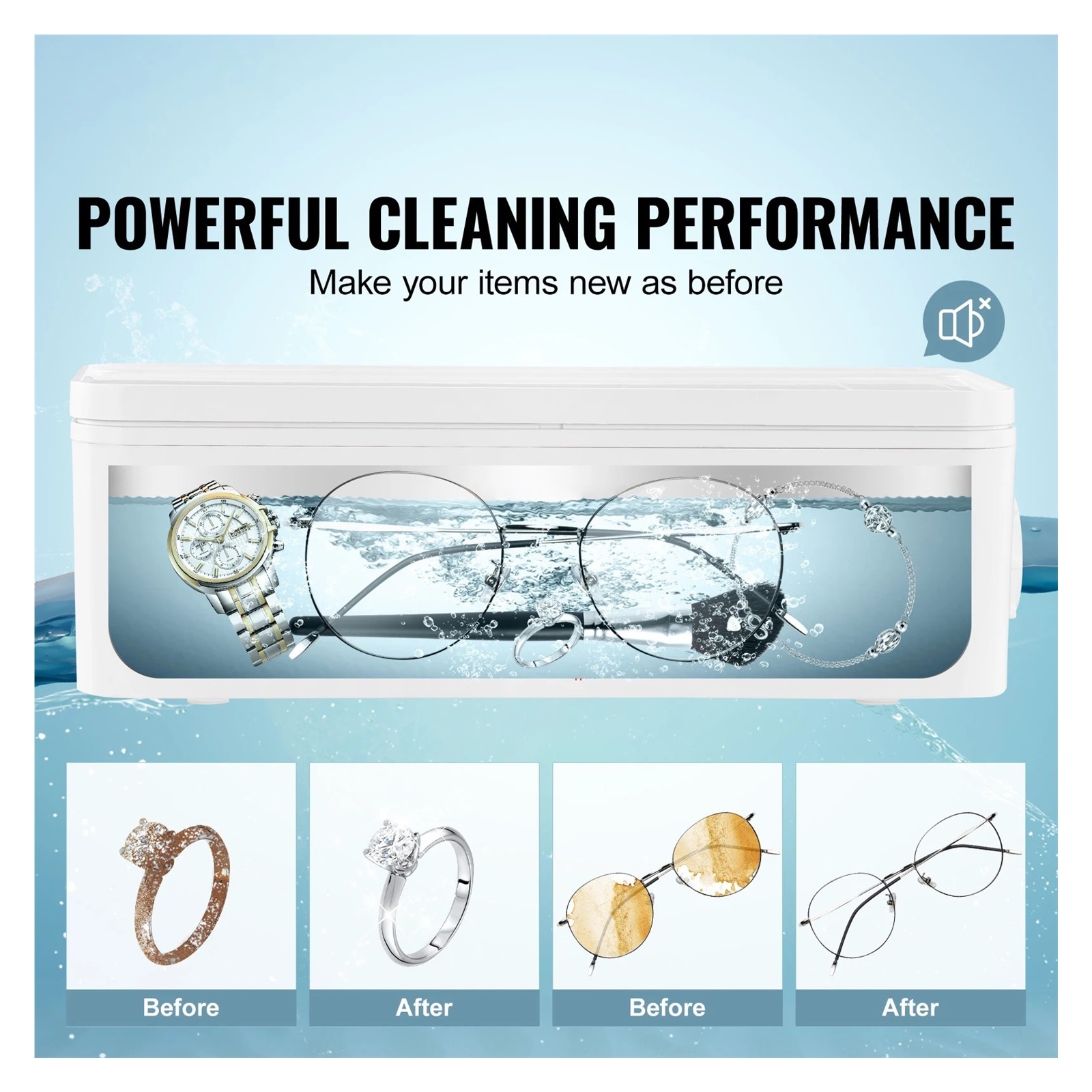 Portable Ultrasonic Cleaner Machine Timer Modes Cleaning Basket for Eyeglasses Watches Dentures Ring