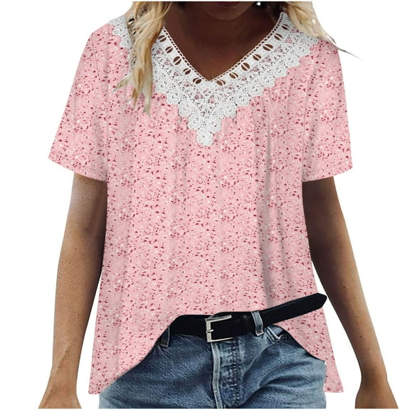 Women Fashion Casual Printing Shirts Short Sleeve Tops V Neck Lace Stitching Blouse