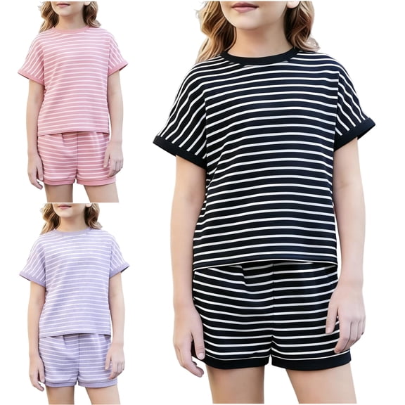 VBTAPA 2 Piece Sets for Kids Summer Outfits Toddler Boys Girls Stripe T Shirts and Shorts Matching Lounge Set Purple 5-6Years