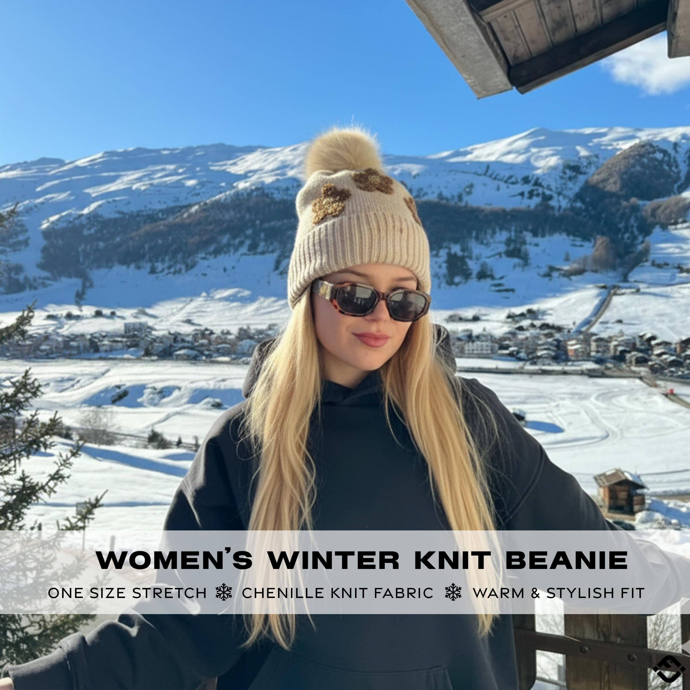 Funky Junque Beanie for Women Ultra Soft Chenille Faux Fur Pom Pom Winter Hats Warm Ski Cap Fashion - Daisy - Beige