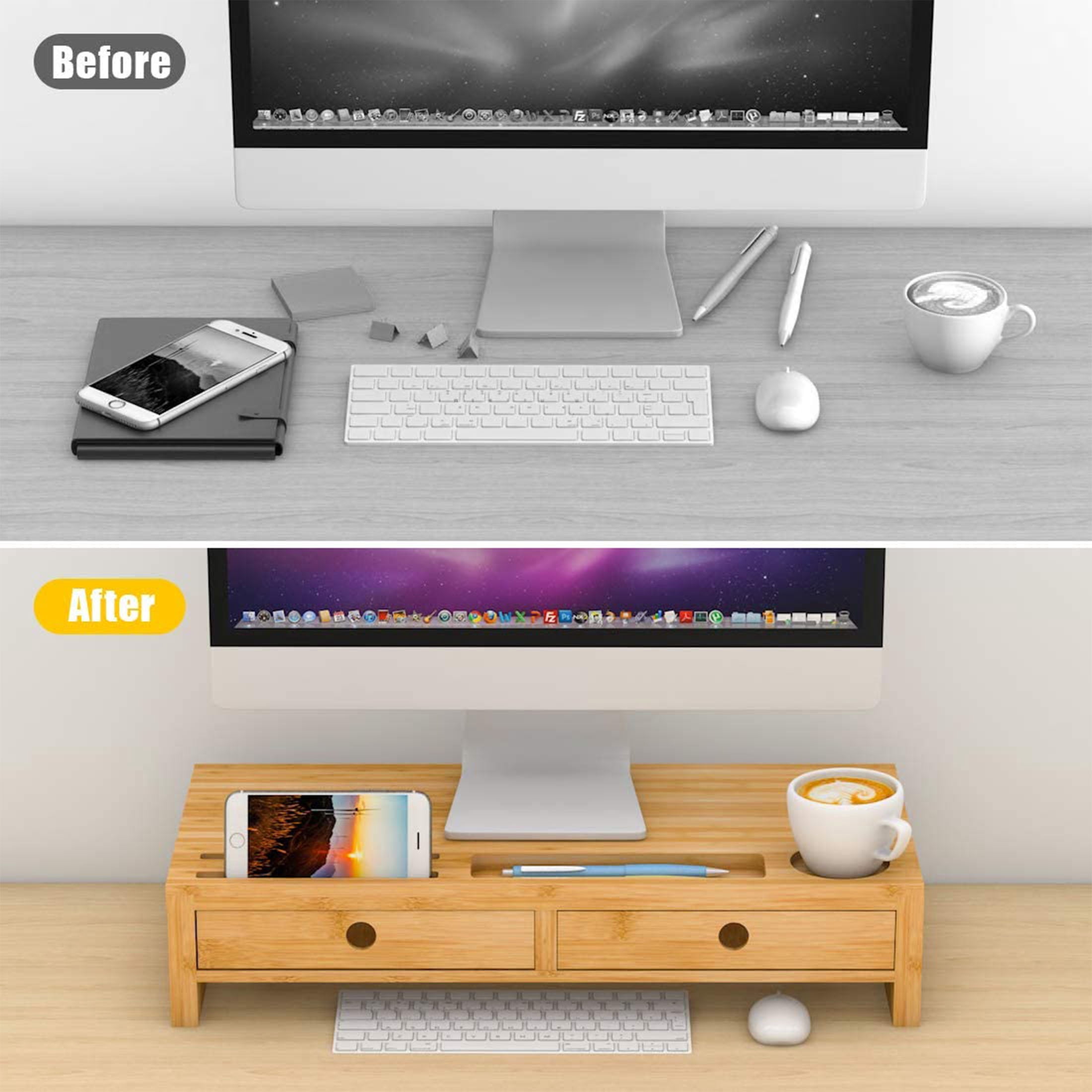 Bambloom Bamboo Monitor Stand Riser with Drawer,Phone Holder & Cups Slot,fit Computer, Laptop, TV,22x10.6x4.7 inch