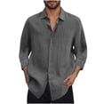 thumbnail image 3 of YOIAVAIOY Cotton Linen Button Down Shirts for Men 3/4 Sleeve Collared V Neck Dress Shirt Summer Casual Lightweight Beach Vacation Tops Dark Gray M, 3 of 6