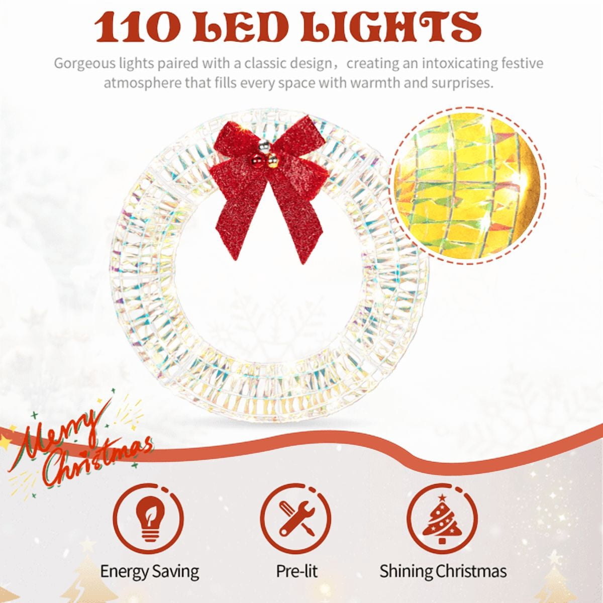 Alvantor 24 in Pre-Lit Iridescent Christmas Wreath with 110 Warm White LED Lights, Red Bow and Weather-Resistant Metal Frame