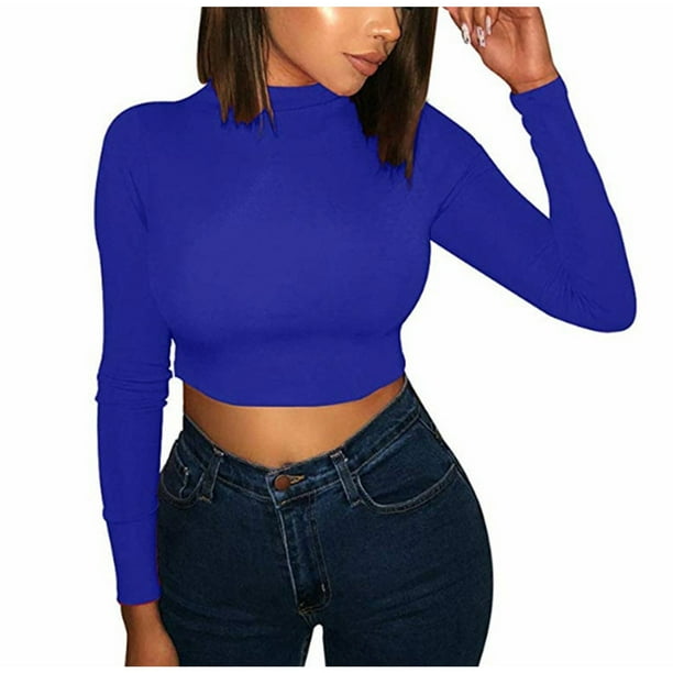 Mujeres Sexy Color sólido Crop Workout Manga larga O-cuello Camisas Blusa casual Tops Fridja ghj987+502