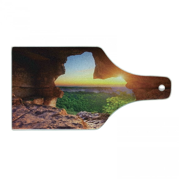 Natural Cave Cutting Board, Canyon at Sunset Time from the Cave Exploration Theme Secret Perspective, Tempered Glass Cutting and Serving Board, Wine Bottle Shape, Green Orange, by Ambesonne