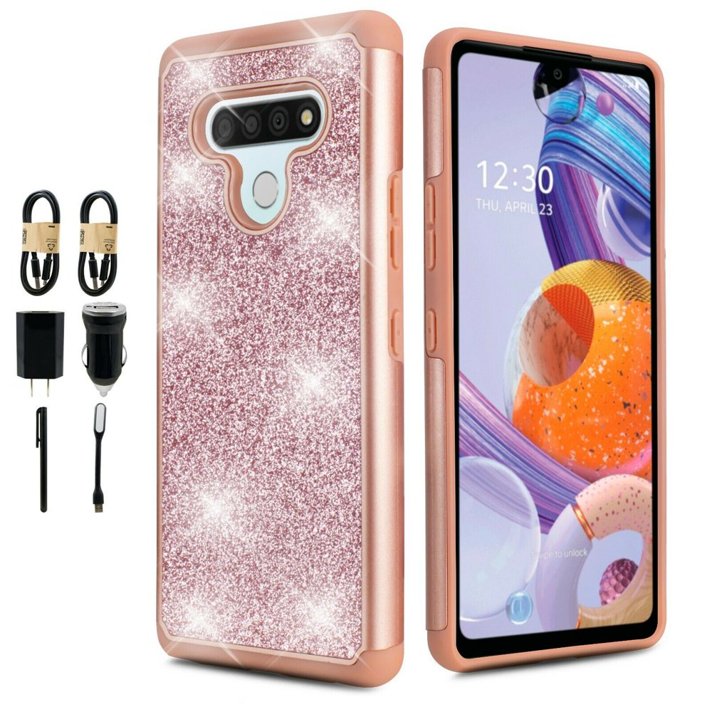 Value Pack + for LG Stylo 6 Bling Glitter Hard Bumper TPU with Tempered Glass Phone Case Hybrid
