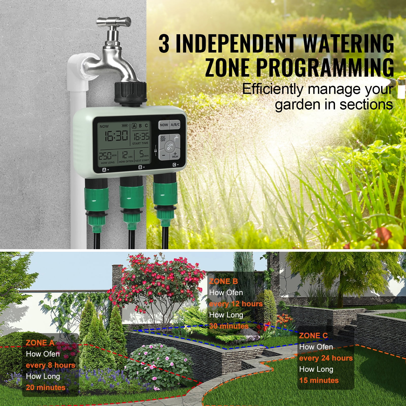 KFFKFF Water Scheduler, Triple Outlets, Sprinkler Control Timer, featuring Trio Independent Zones, LCD Screen, Rain Postpone Function, Hand-Operated Setting, 360?? Brass Connection, Metal Strainer