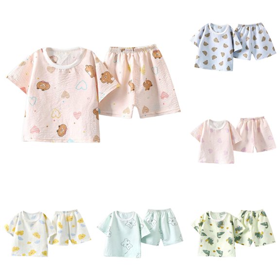 ZXLBBD Girls Cartoon Print 2 Piece Shorts Set Summer Short Sleeve Pajamas Casual Bottoms for Toddler Kids Home Outfit Clothes Sets,Light Pink,Size 4 Y-5 Y