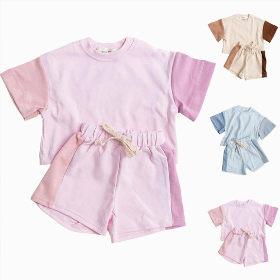YDFCWXW Toddler Baby Girl Summer Clothes 12 18 24 Months 3T 4T Cotton Outfits Short Sleeve Contrast T-Shirts Tops Shorts Sets (Sky Blue, 18-24 Months)