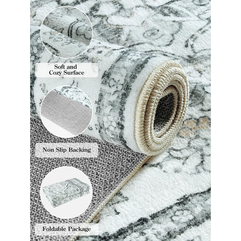 Vintage Floral Grey Runner Rug 2.5x8 Ft - Washable Non-Slip Hallway, Kitchen & Bedroom Carpet