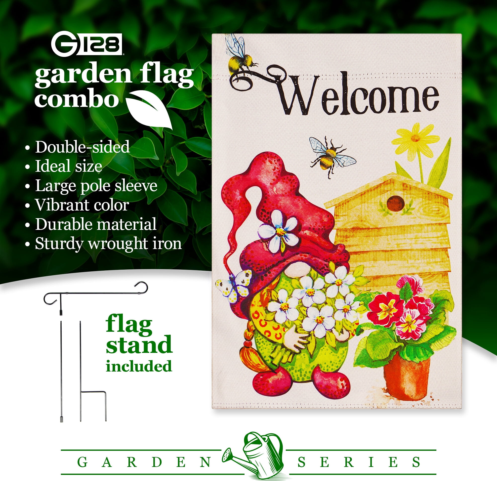 G128 Combo Pack: Garden Flag Stand Black 36 in x 16 in & Garden Flag Spring Decoration Welcome Gnome with Flowers 12"x18" Double-Sided Blockout Fabric