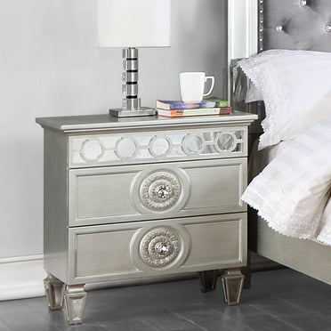 Newboti Furniture 2 Drawers Nightstand with Mirror Inlay Trim in Silver Finish 62087