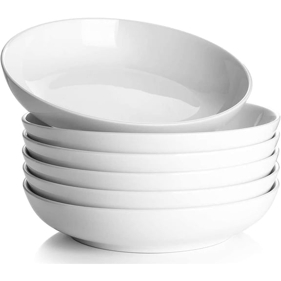 Pasta Bowls – 6 Pack 26 oz, 8 Inch Salad Bowl Set – Kitchen Porcelain Plates, Large Ceramic Shallow Bowls for Serving Dinner, Pasta, Noodles, Soup – Microwave and Dishwasher Safe