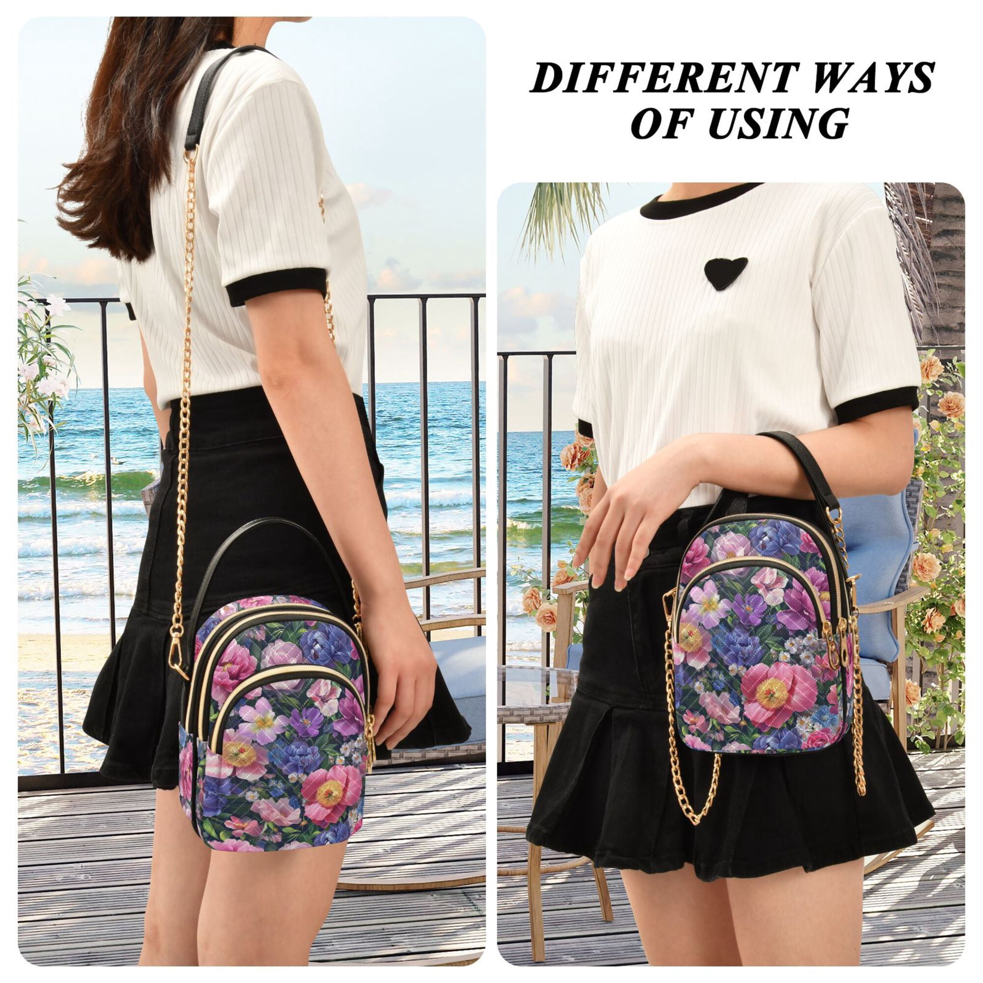 FORMRS Crossbody Bag for Women Quilted Travel Shoulder Cell Phone Purse with Chain Strap Handbag, Soft Pinks Flowers